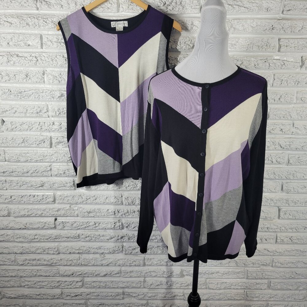 Dress Barn 1X Plus Sweater Set Purple Geometric Cardigan & Tank Top GEO286E
